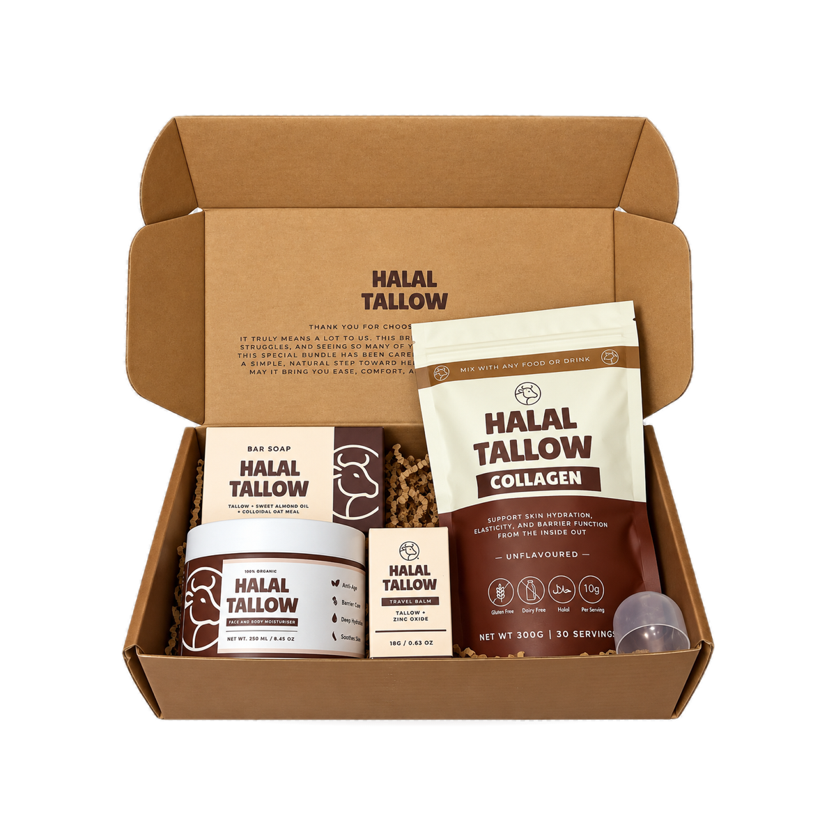 Complete Bundle Box open, showing collagen, tallow moisturiser, soap and travel balm