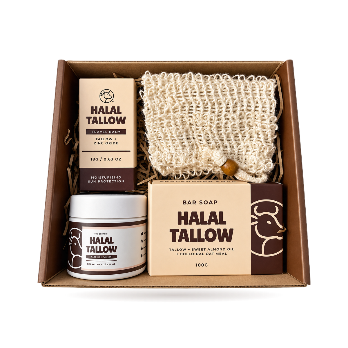 Mini Essentials Bundle box open, showing soap, exfoliating bag, travel balm and 60ml tallow cream