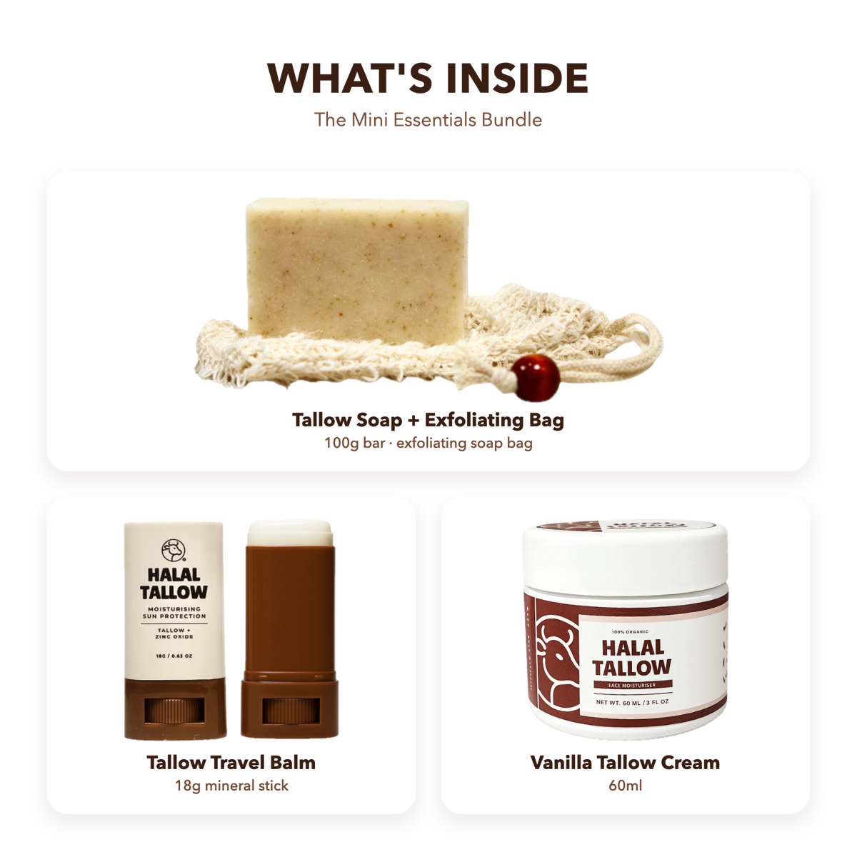 What is inside the Mini Essentials Bundle: tallow soap with exfoliating bag, travel balm and 60ml vanilla tallow cream