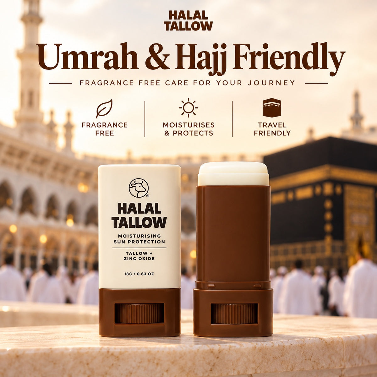 Halal Tallow Moisturising Travel Balm, fragrance free and Umrah & Hajj friendly