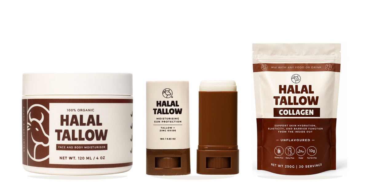 New Halal Tallow jar, sun stick and collagen pouch