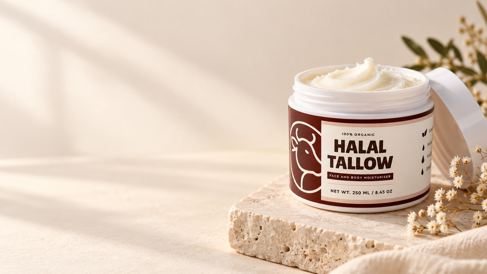 Open 250ml jar of Halal Tallow face and body moisturiser on a cream stone surface