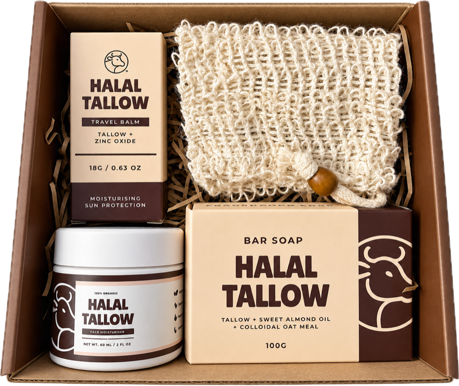 The Mini Essentials Bundle open: 60ml vanilla tallow cream, travel balm, tallow soap and exfoliating soap bag
